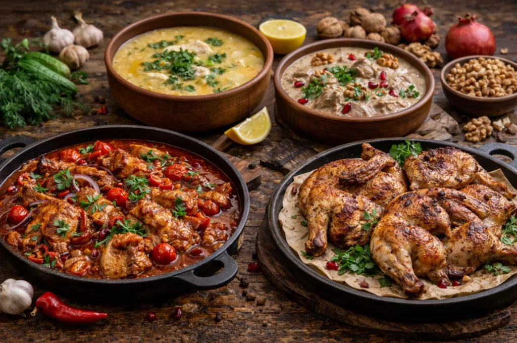 Chakhokhbili, Chikhirtma, Satsivi, Chicken Tabaka